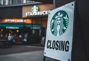 Sign indicating Starbucks location closure