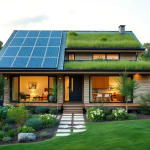 Eco-friendly home design with solar panels and green landscaping