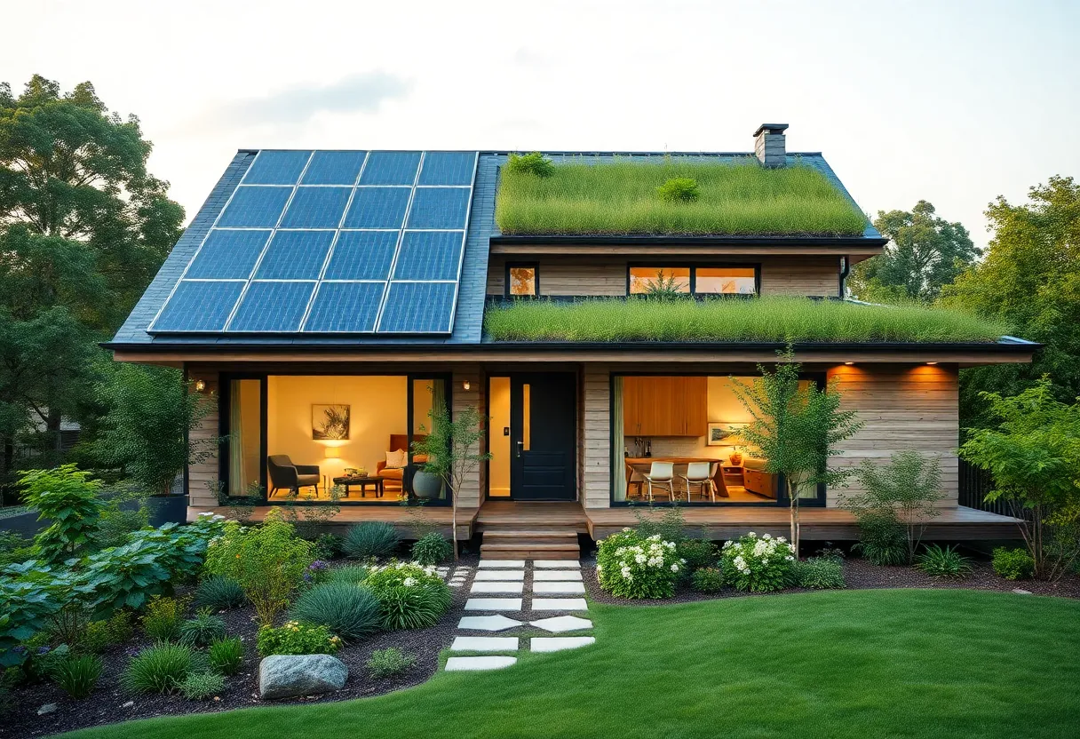 Eco-friendly home design with solar panels and green landscaping