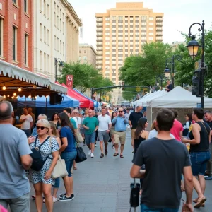 A lively atmosphere at Thursday Night Out event in downtown DC with local artists and food vendors.