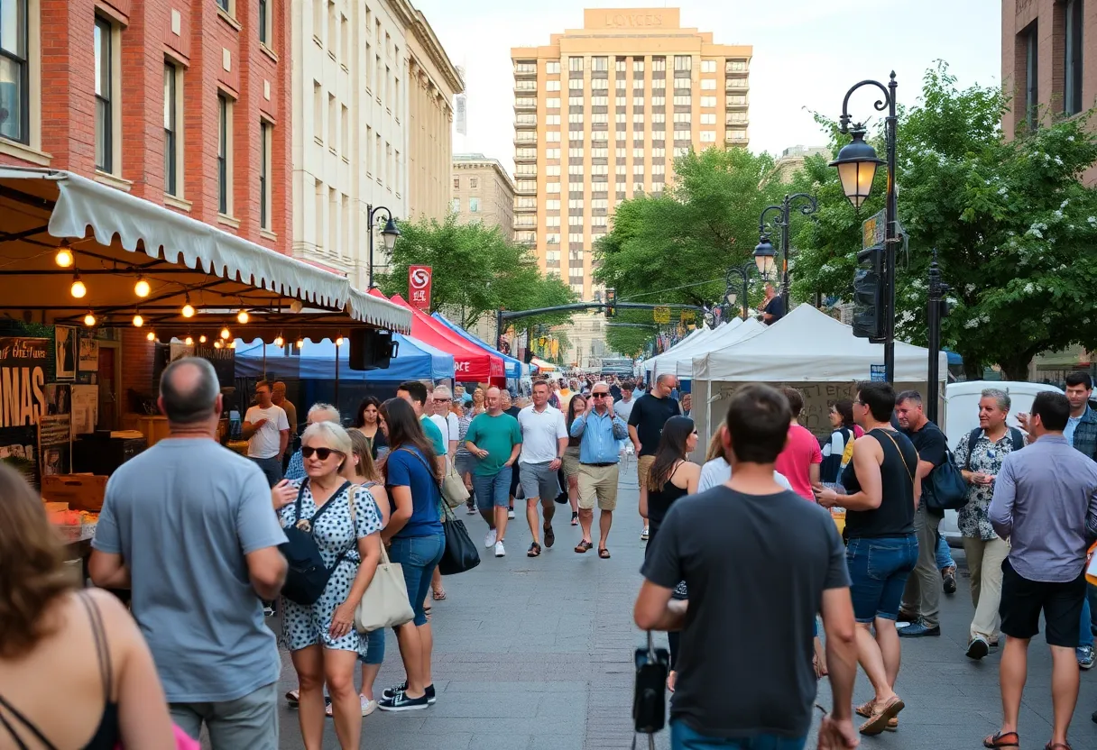Crowd enjoying Thursday Night Out in downtown D.C. with live music and food vendors.