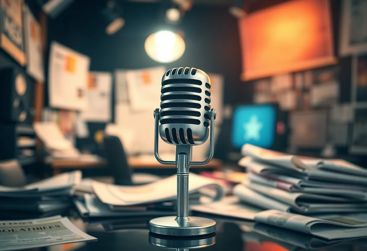 A vintage microphone on a newsroom desk surrounded by newspapers.