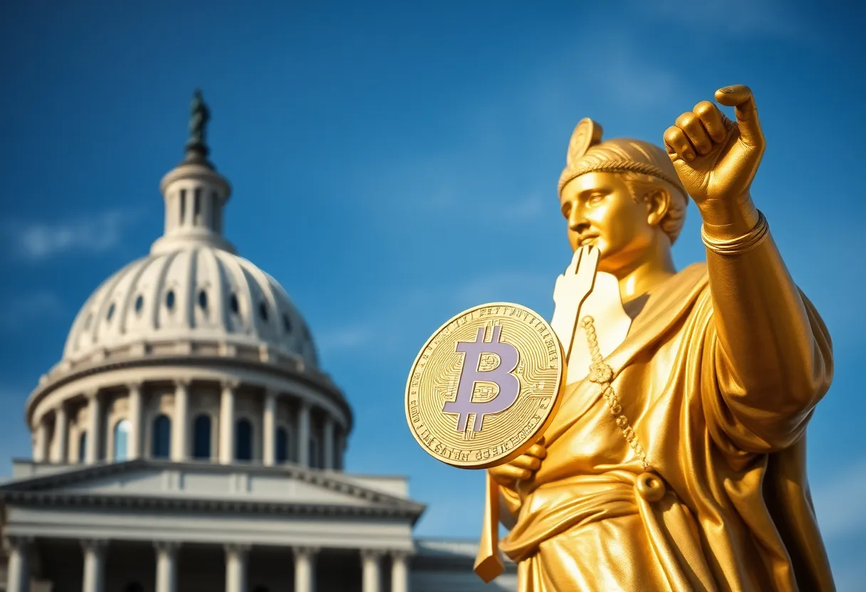 Statue of Trump holding Bitcoin outside the U.S. Capitol