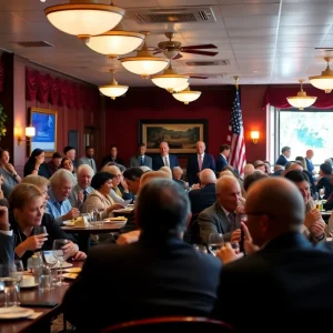 Trump and officials dining at a restaurant with protests outside.