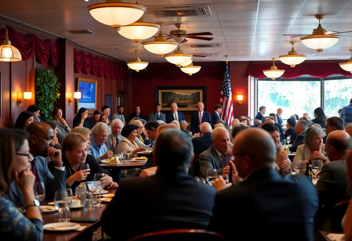 Trump and officials dining at a restaurant with protests outside.