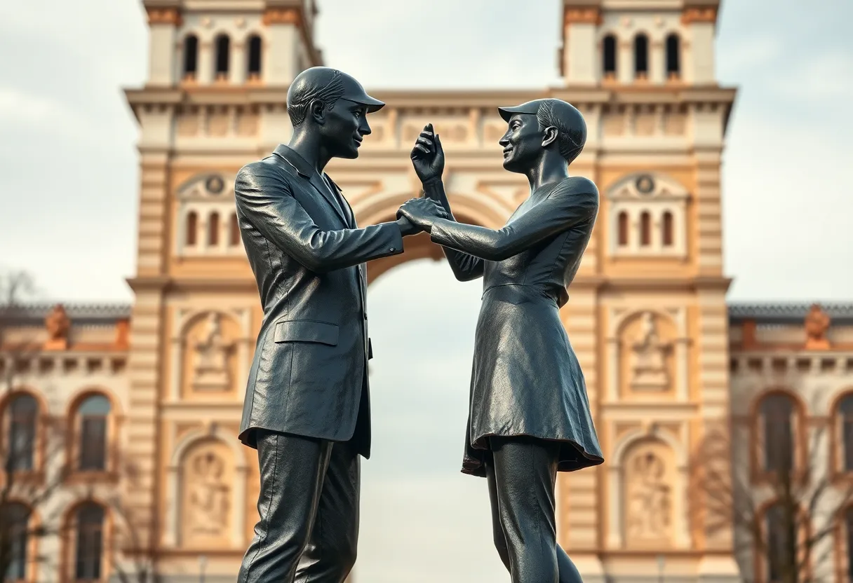 Bronze statue depicting the figures of Trump and Epstein in a playful pose on the National Mall
