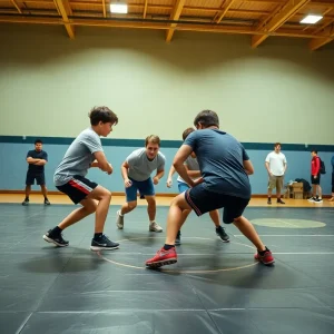 Students practicing wrestling in a high school gym