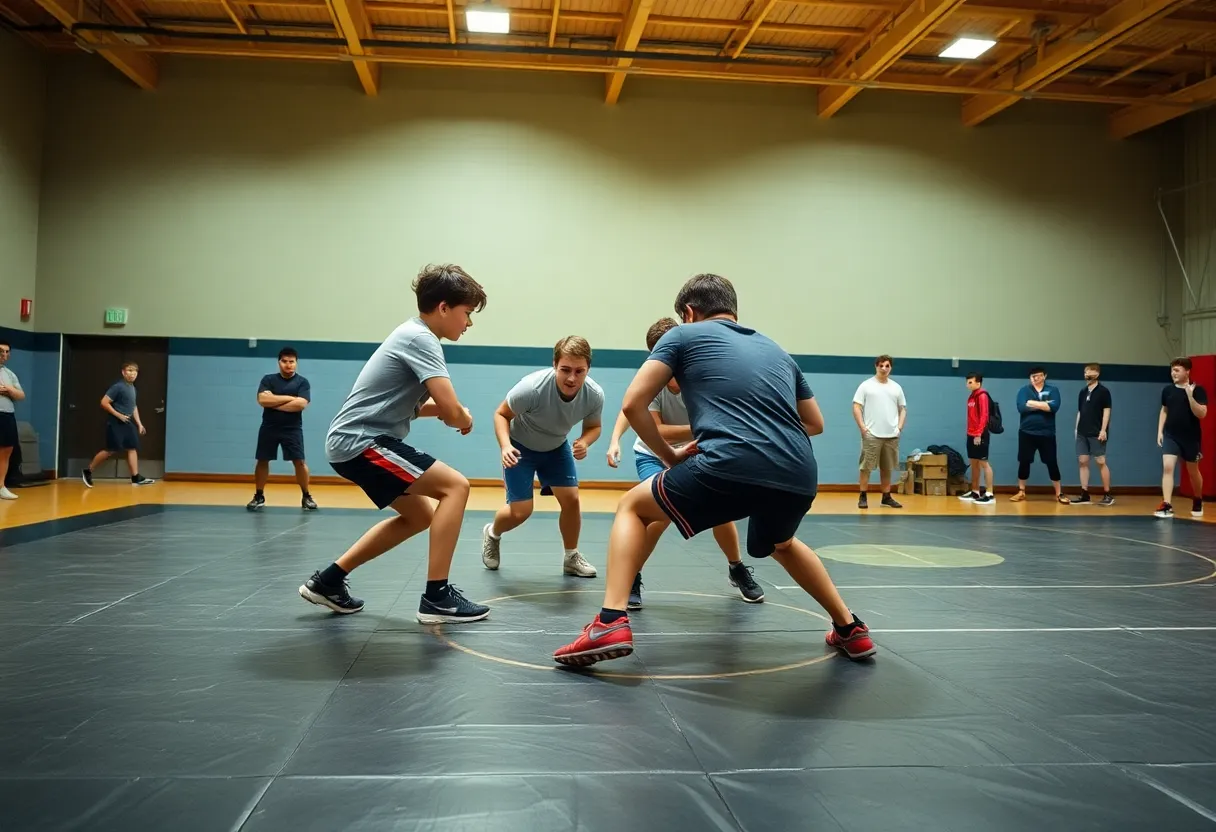 Students practicing wrestling in a high school gym