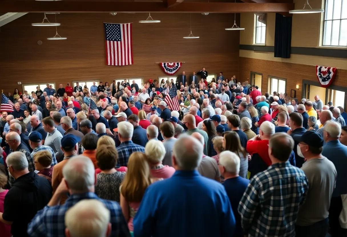Crowd welcoming veterans at community center with patriotic decorations.