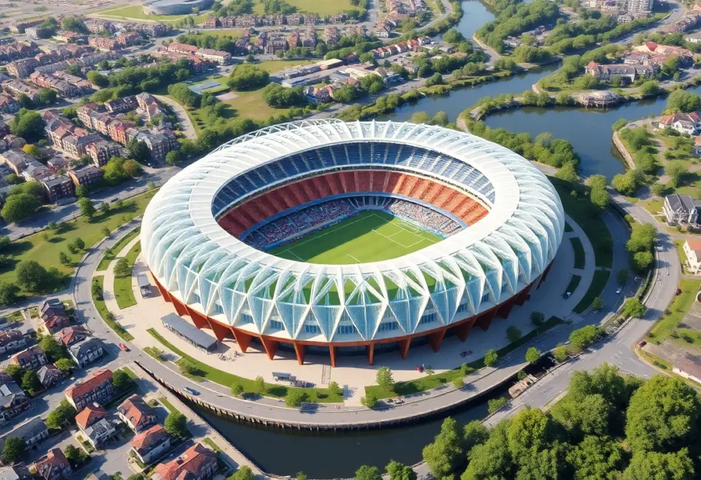 Conceptual image of the redevelopment plan for RFK Stadium, featuring a stadium, green areas, and housing.