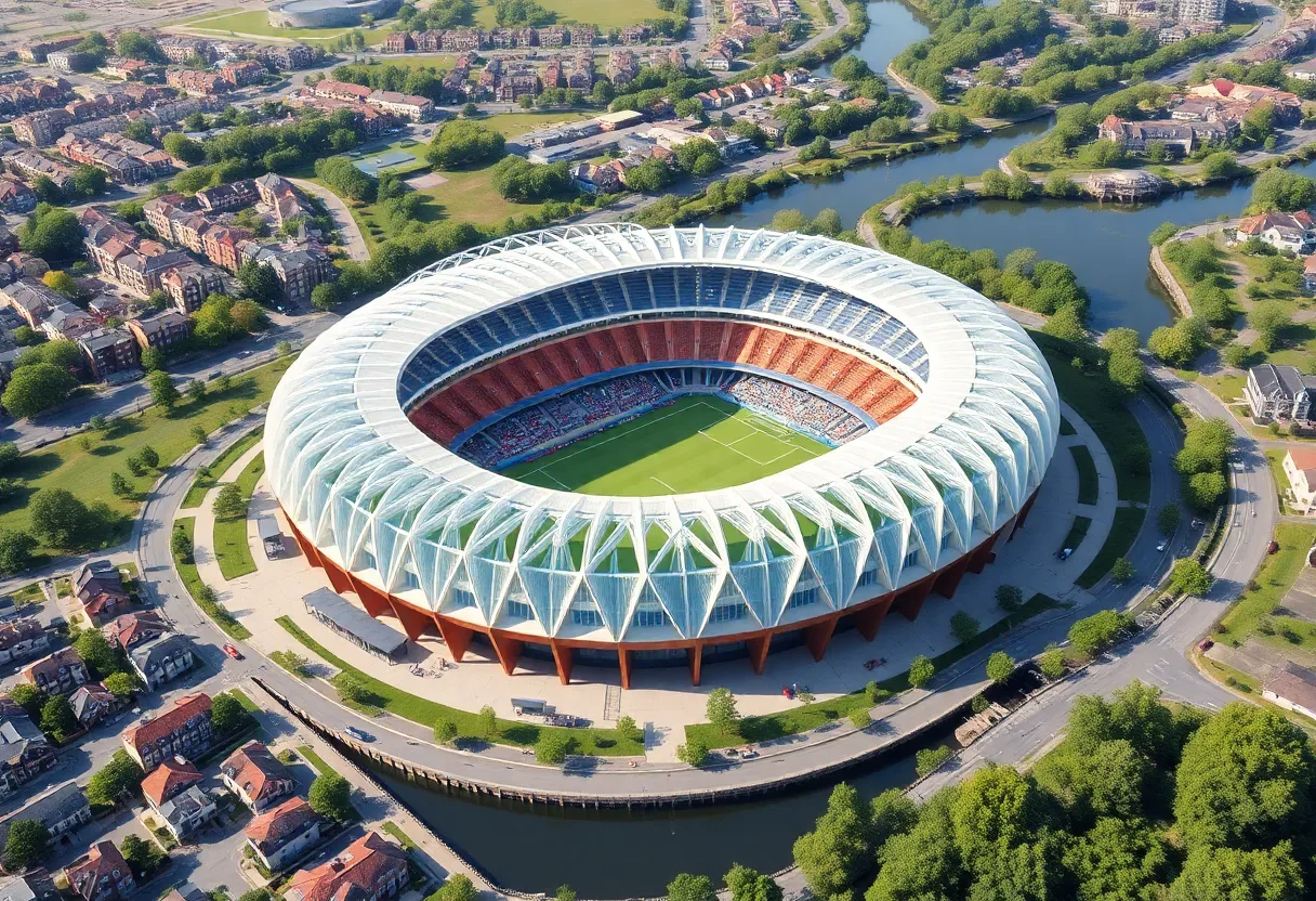Conceptual image of the redevelopment plan for RFK Stadium, featuring a stadium, green areas, and housing.