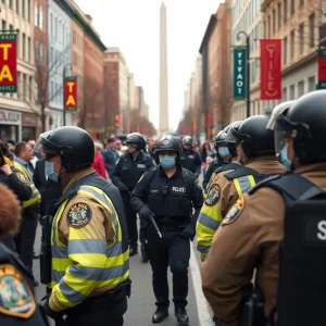A busy Washington D.C. street with police officers and city residents.