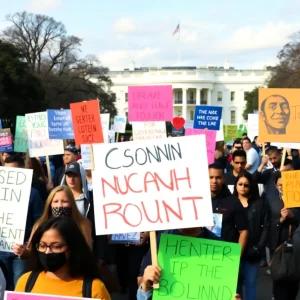 A crowd of protesters in Washington, DC, rallying for democracy and rights.