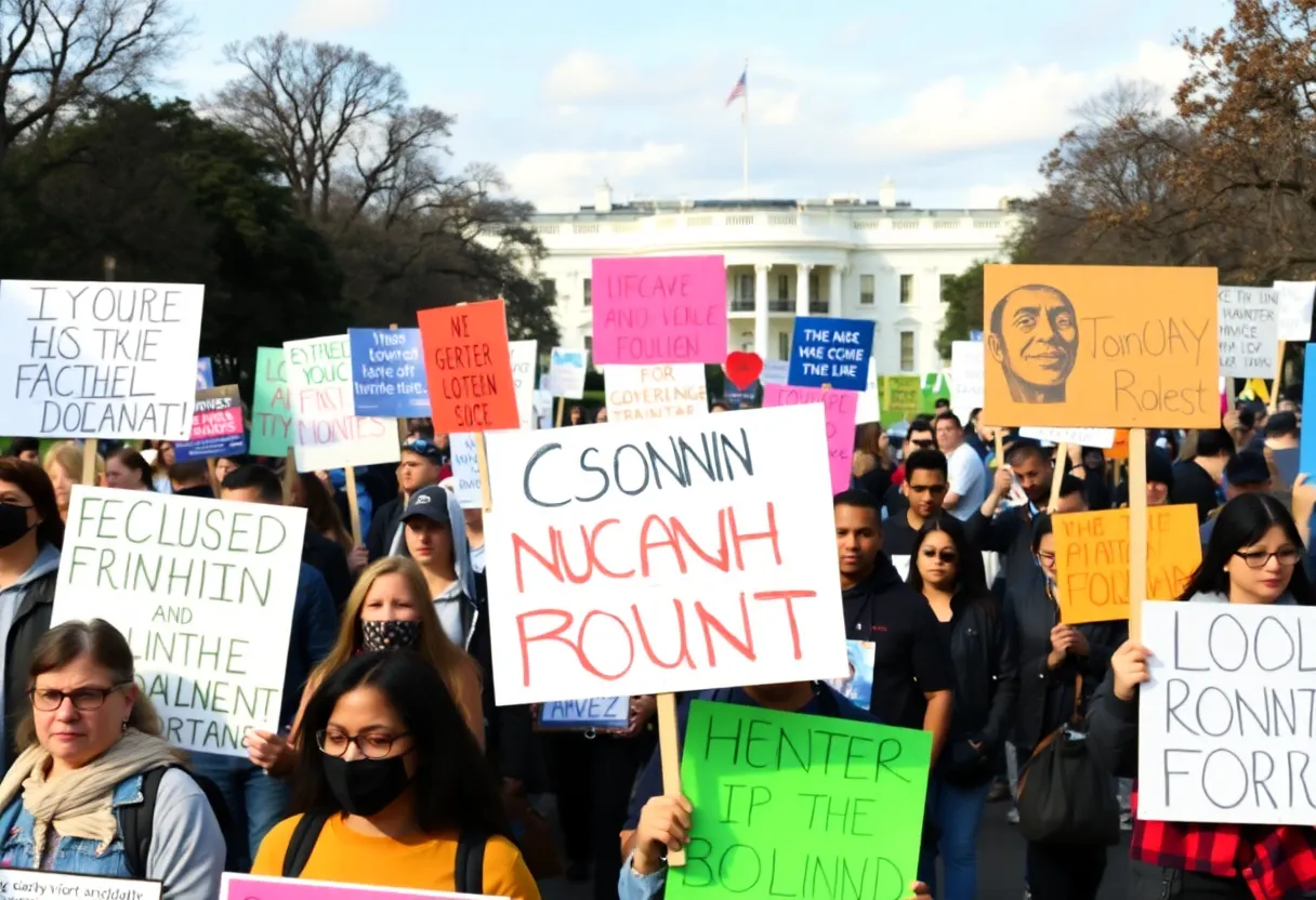 A crowd of protesters in Washington, DC, rallying for democracy and rights.