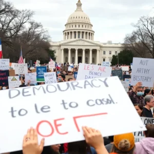 Crowd of protesters in Washington D.C. holding banners and signs