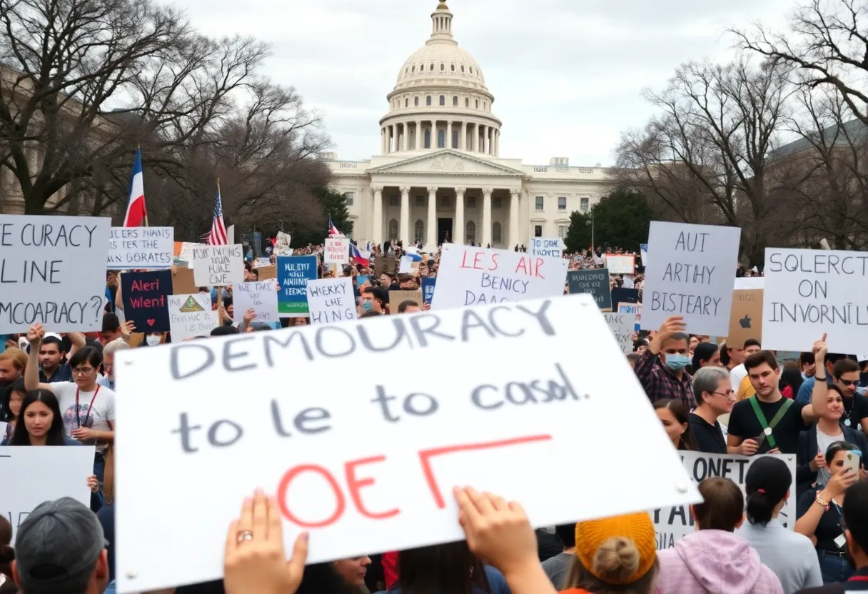 Crowd of protesters in Washington D.C. holding banners and signs