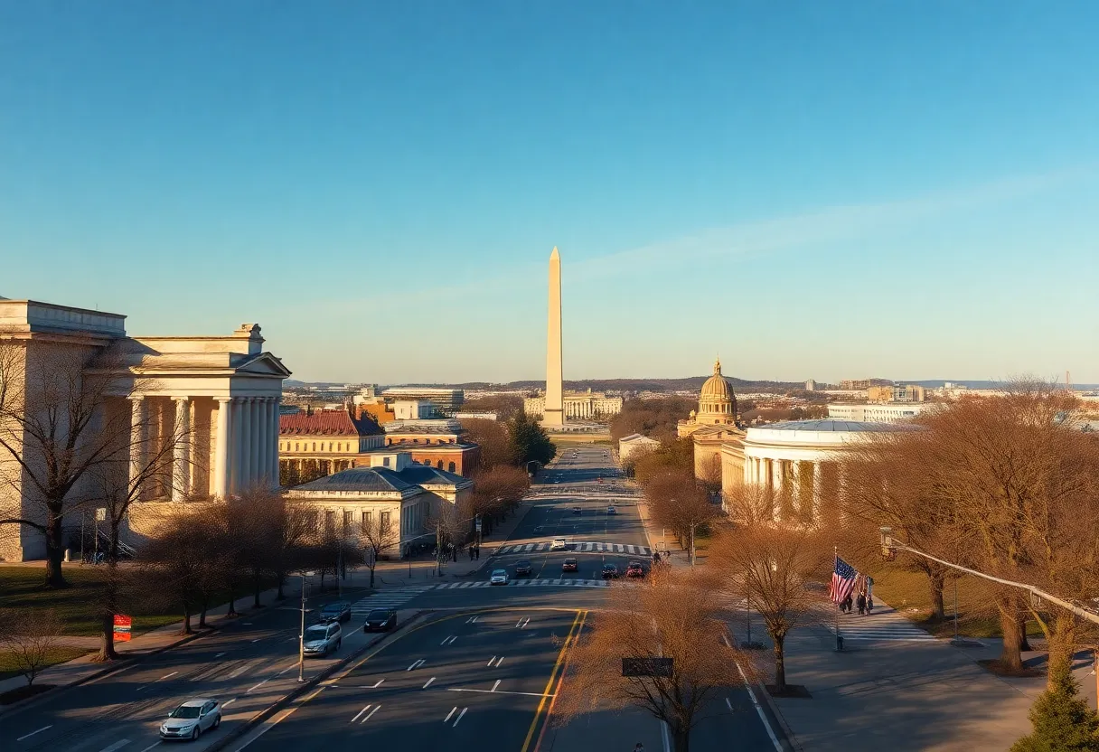 A sunny day in Washington D.C. showcasing the city's landmarks under clear skies.