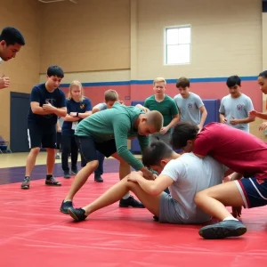 Students engaging in a wrestling practice session in a high school gym.