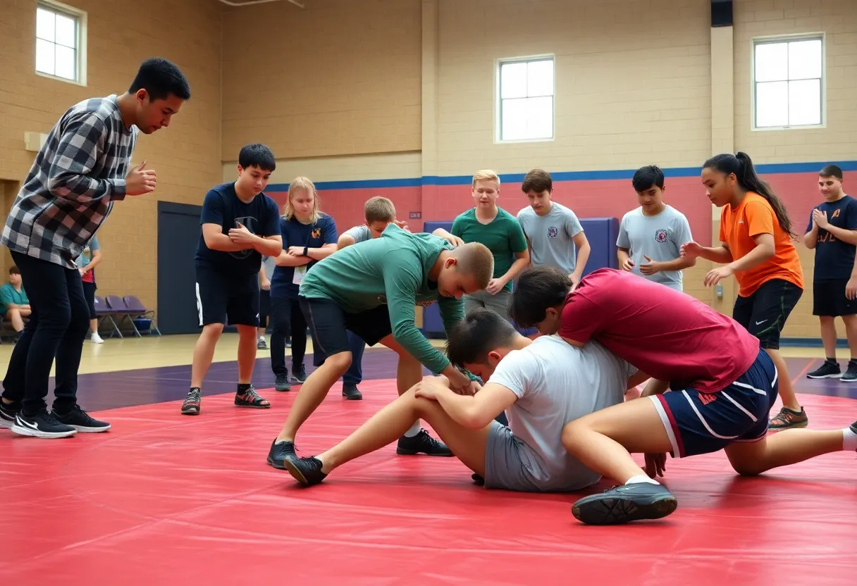 Students engaging in a wrestling practice session in a high school gym.