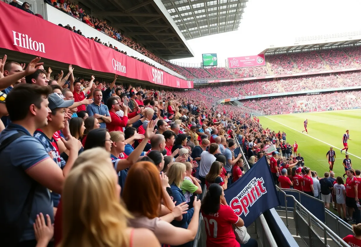 Fans enjoying a soccer match at Audi Field with Hilton branding visible