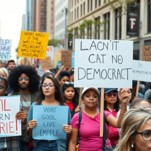 Participants marching in the We Are All D.C. event, holding signs.