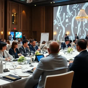 Tech leaders discussing at a formal dinner in the White House