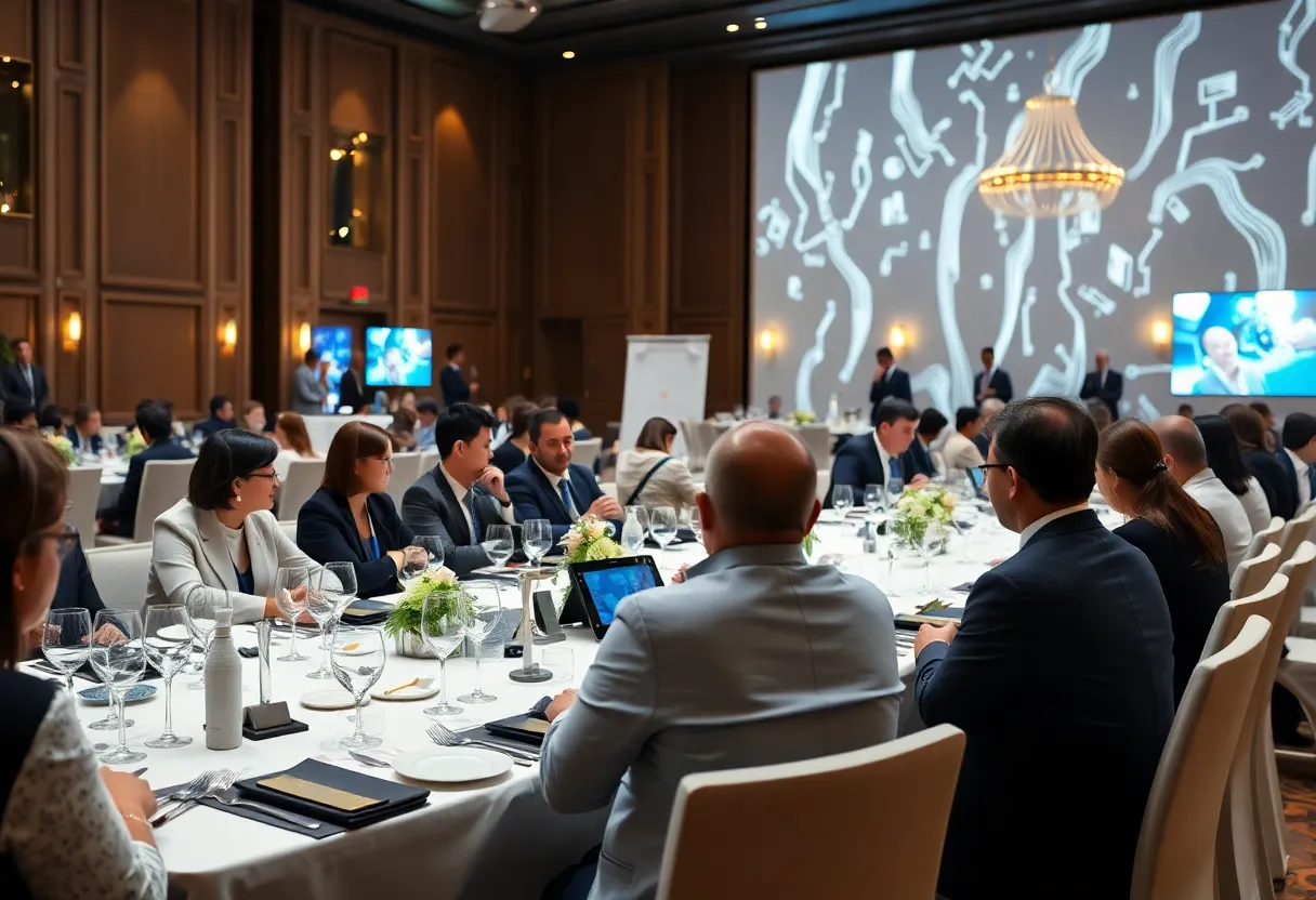Tech leaders discussing at a formal dinner in the White House