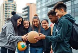 Young interns collaborating on a sports project in an urban environment.