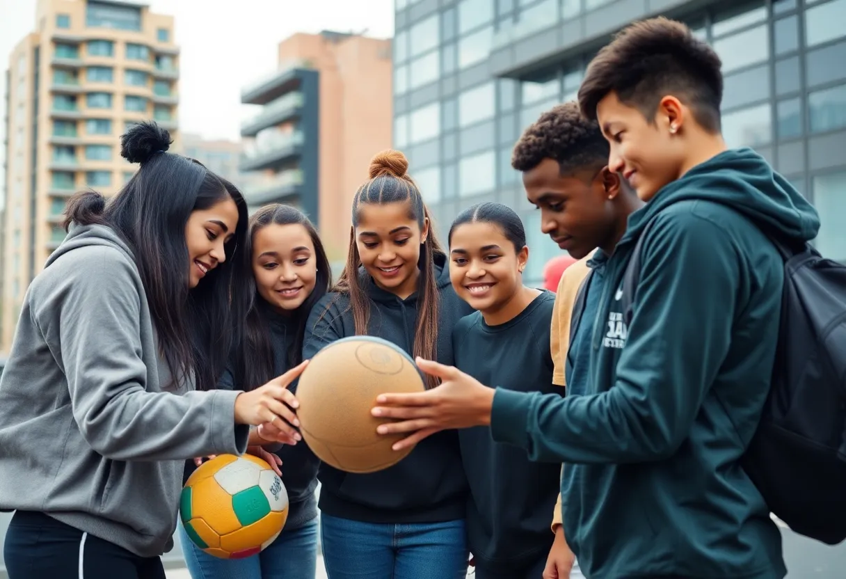 Young interns collaborating on a sports project in an urban environment.