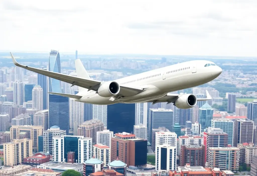 Airplane flying over city skyline representing airline expansion