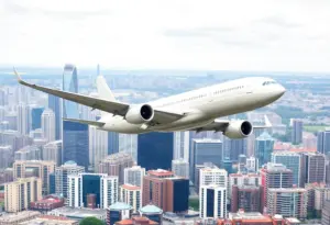Airplane flying over city skyline representing airline expansion