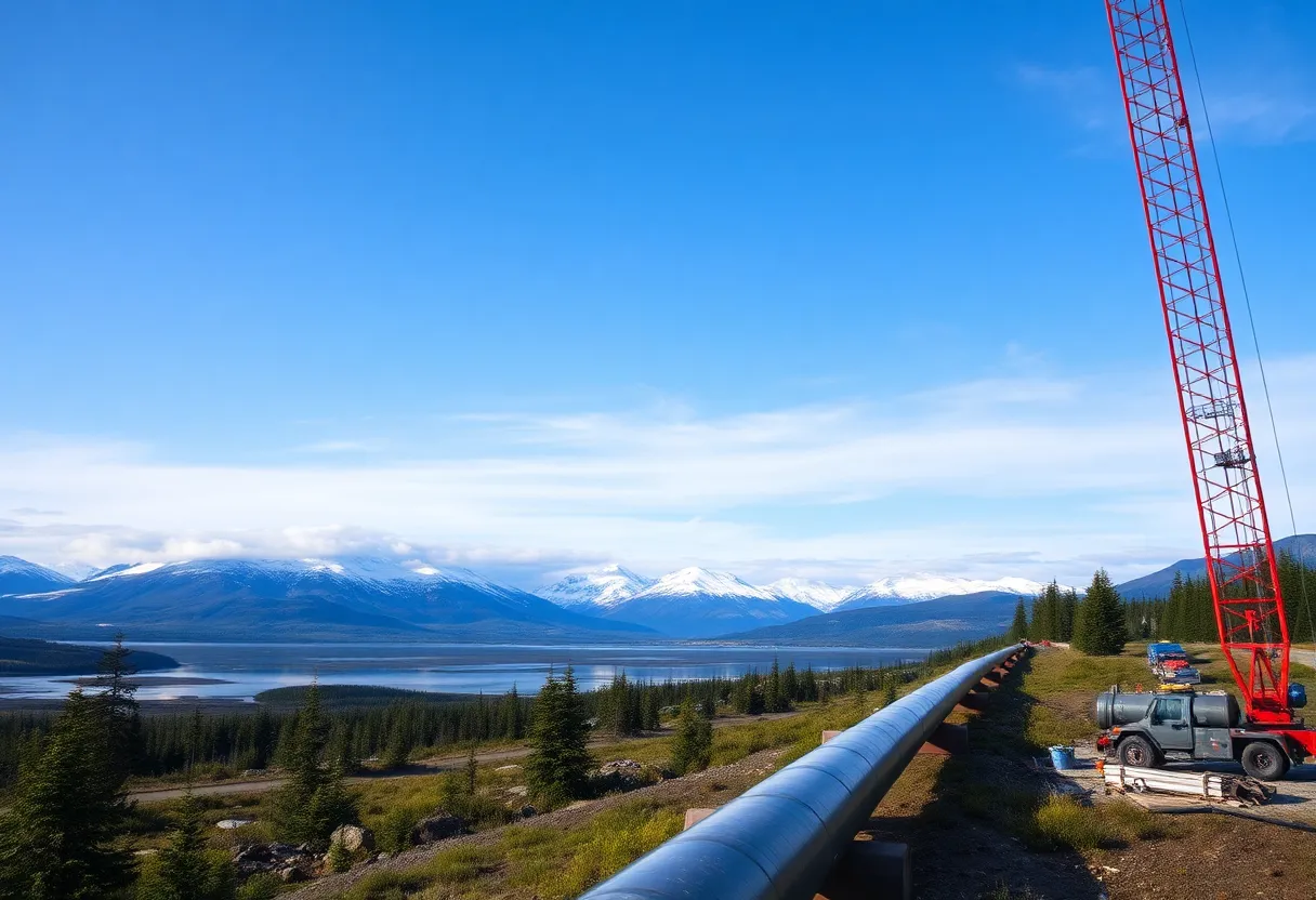 Construction of the Alaska LNG pipeline amidst the Alaskan landscape.