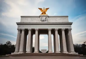 Watercolor rendering of the proposed Arc de Trump near Lincoln Memorial