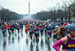 Participants of the Army Ten-Miler running through Washington D.C. despite rain and wind.