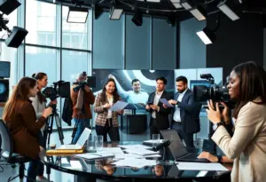 Diverse journalists collaborating in a newsroom atmosphere.