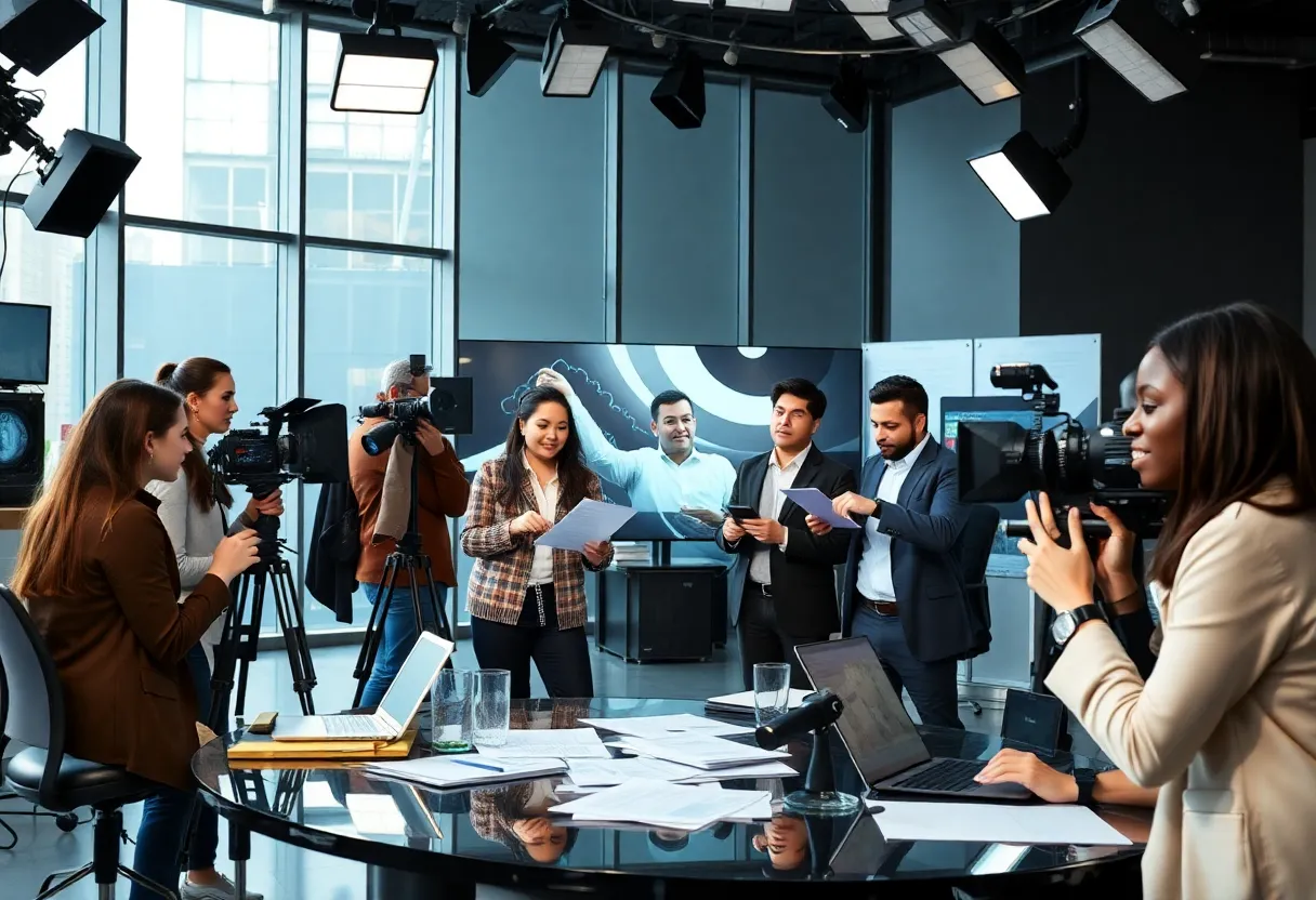 Diverse journalists collaborating in a newsroom atmosphere.
