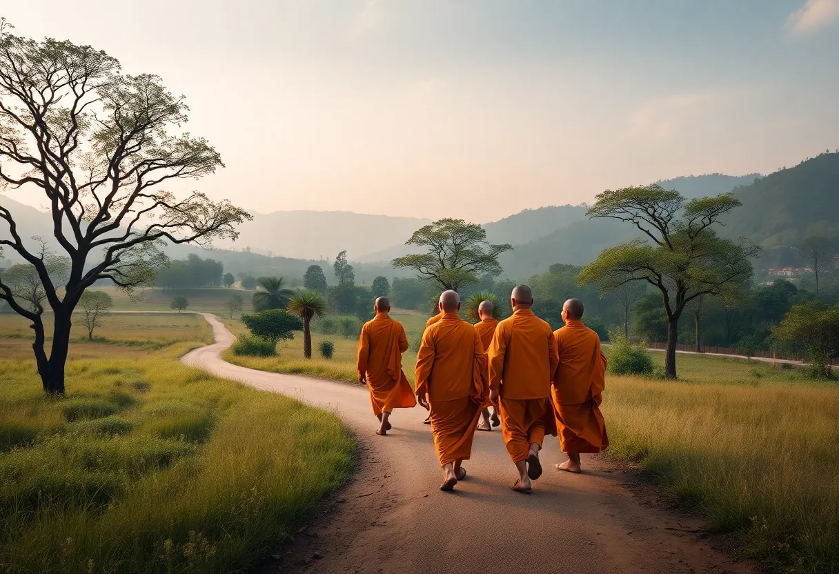 A group of Buddhist monks walking on a peaceful trail promoting unity and compassion.