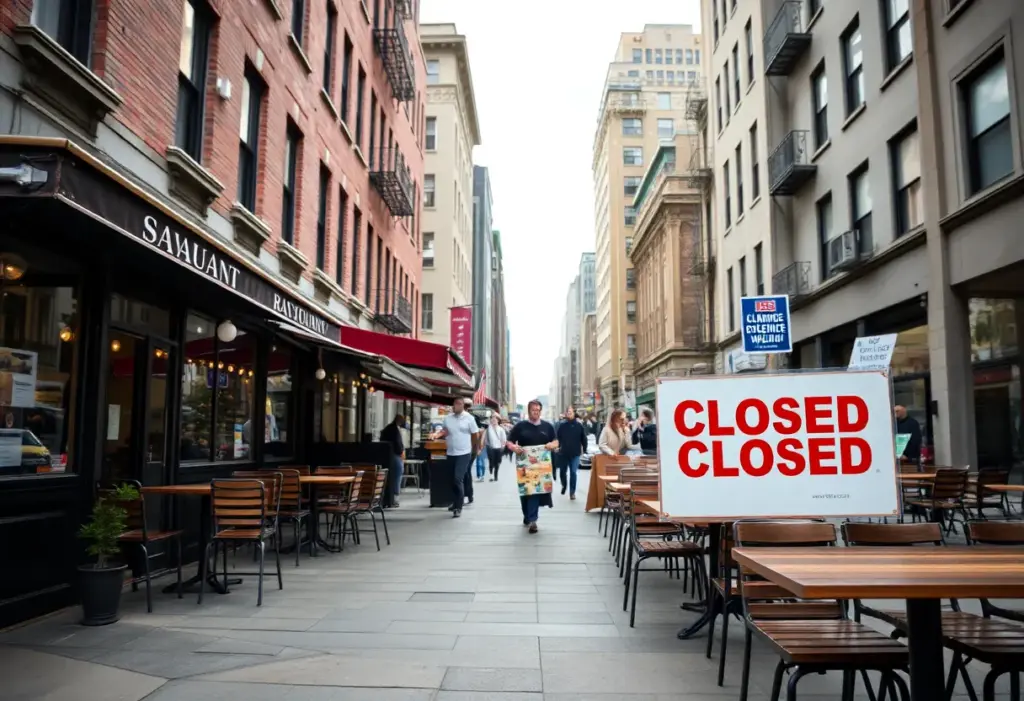 Empty outdoor seating area of Shouk restaurant with a closed sign