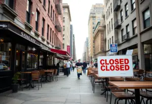 Empty outdoor seating area of Shouk restaurant with a closed sign