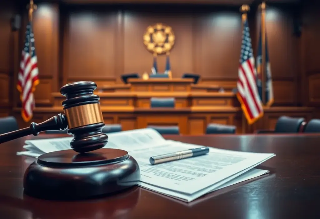 A courtroom with a gavel and legal documents symbolizing a legal review