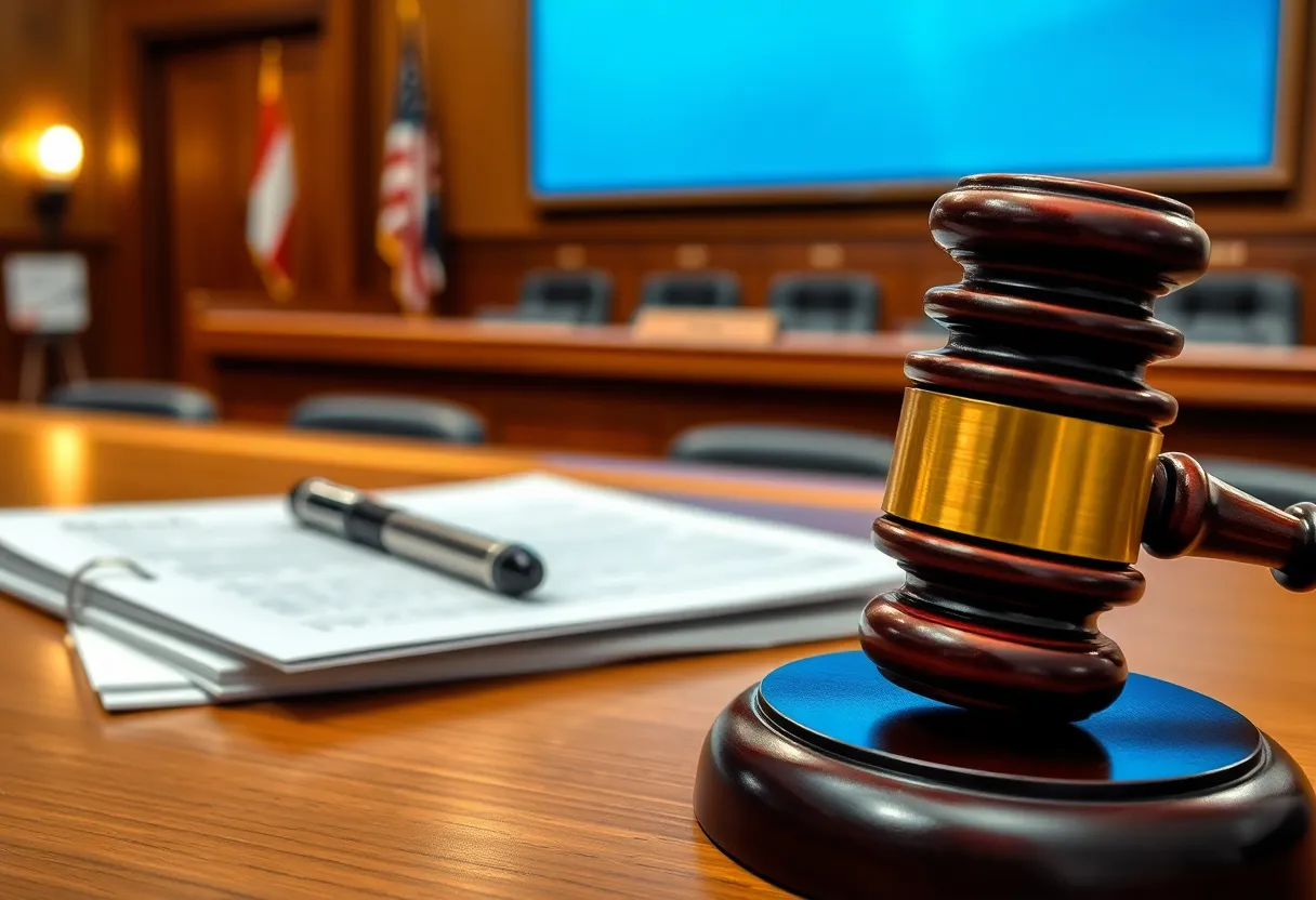 Courtroom with legal documents and a gavel