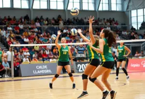 University of Dayton volleyball players competing in a match.