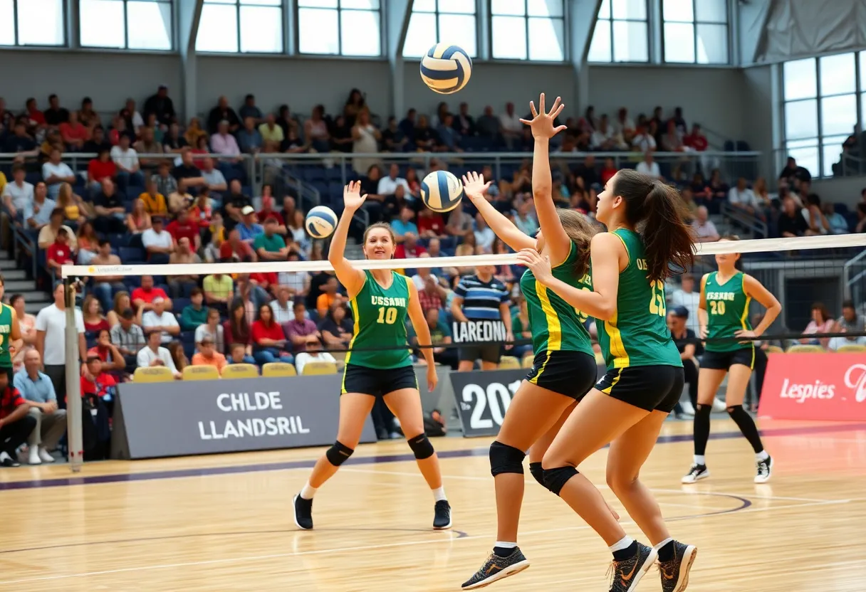 University of Dayton volleyball players competing in a match.