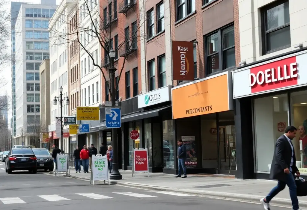 Street view of Washington, D.C. with closed shops and for rent signs.