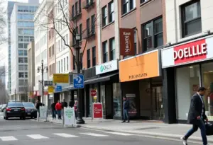 Street view of Washington, D.C. with closed shops and for rent signs.