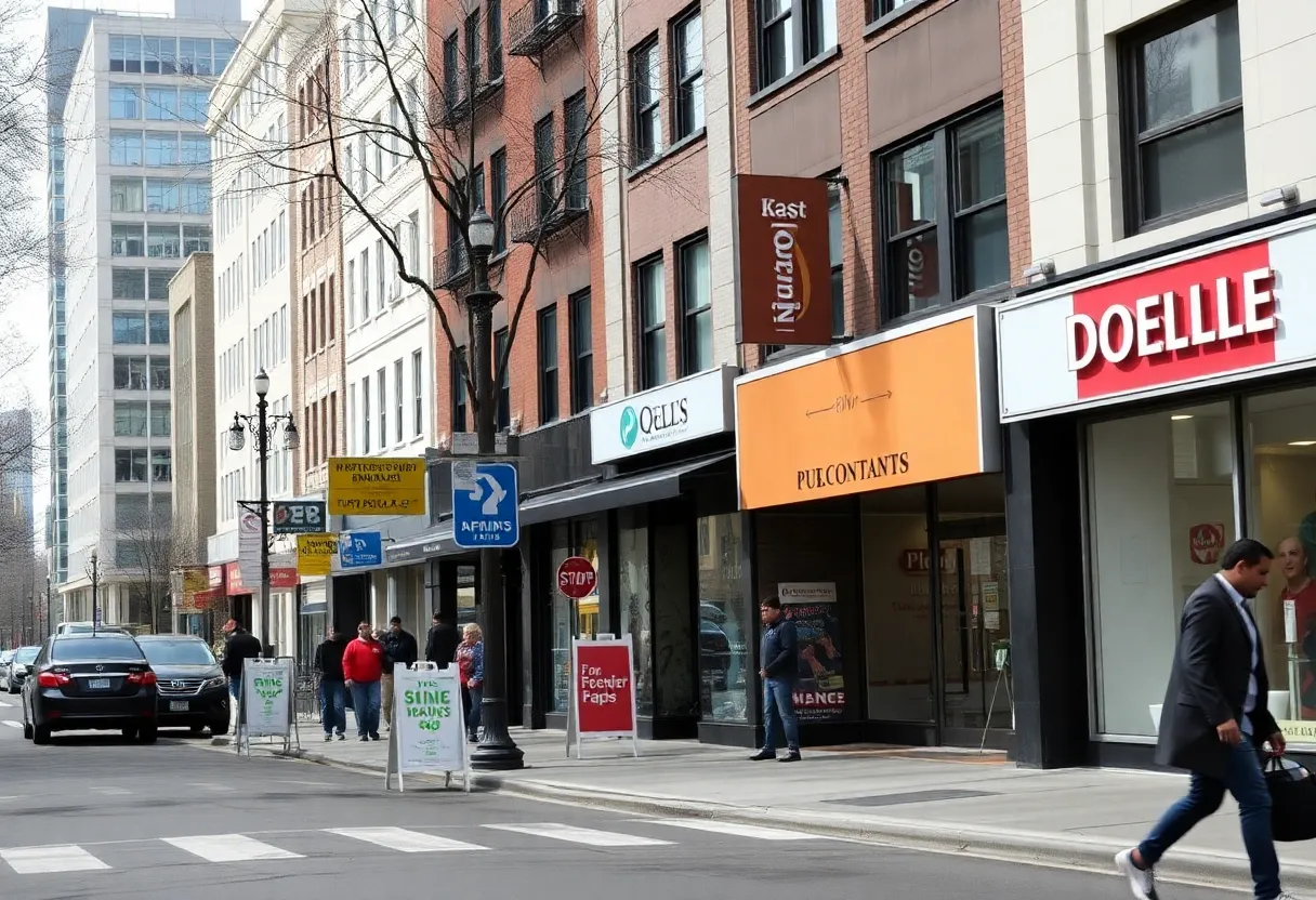 Street view of Washington, D.C. with closed shops and for rent signs.