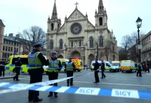 Police officers securing the area outside a cathedral in Washington D.C.