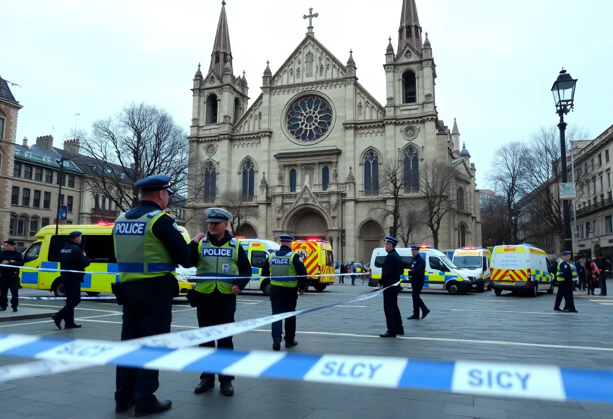 Police officers securing the area outside a cathedral in Washington D.C.