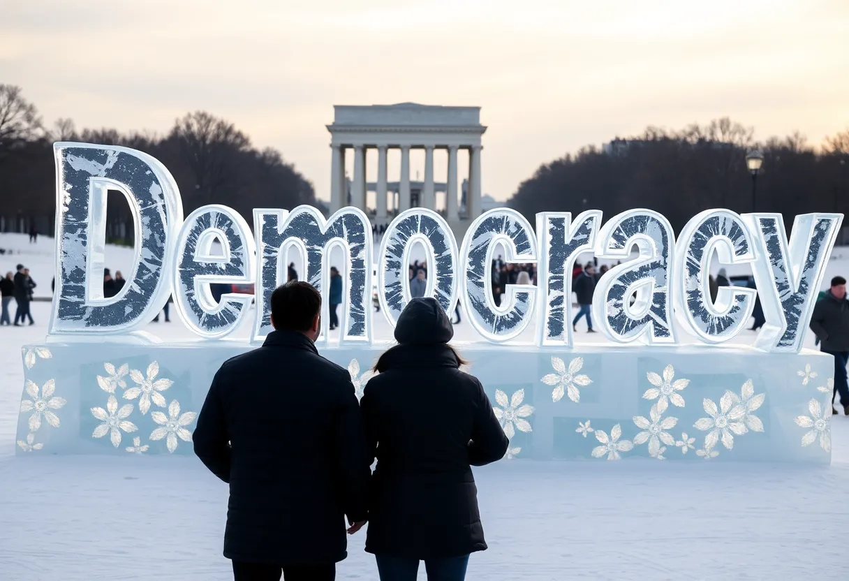 A massive ice sculpture spelling Democracy on the National Mall
