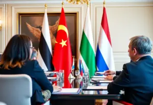 Diplomatic meeting between leaders discussing security and trade.